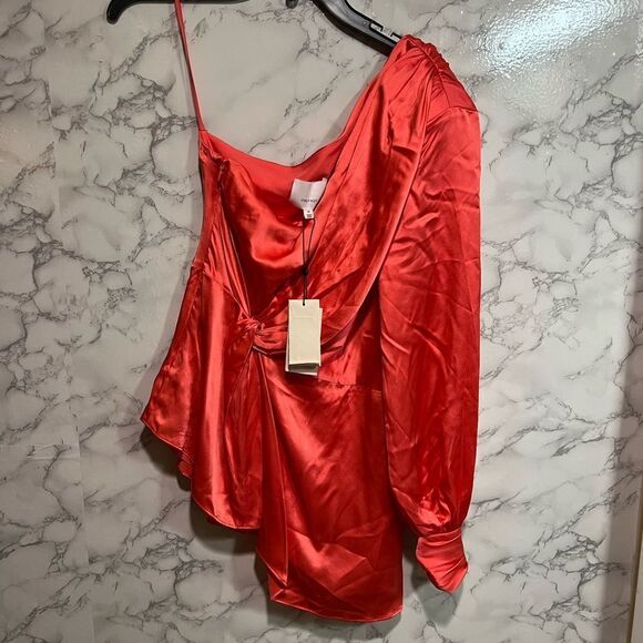 Cinq à Sept Stace Asymmetric Neck One Shoulder Silk Top Neon Coral - Picture 6 of 12